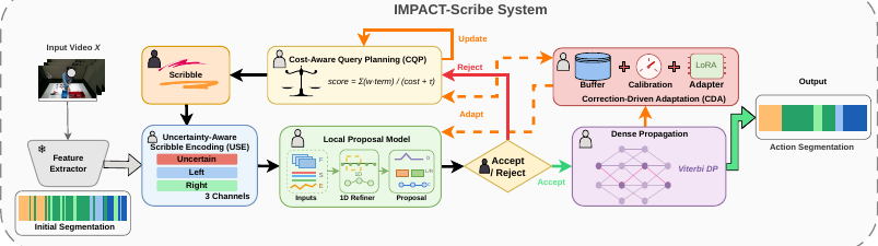 IMPACT-Scribe's closed loop: uncertainty-aware boundary scribbles, cost-aware query planning, and correction-driven adaptation.